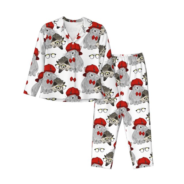 Kdxio Rabbit And Hedgehog Print Womens Pajamas Set Button Down 2 Piece Pjs Long Sleeve Oversized Sleepwear with Pockets-Medium