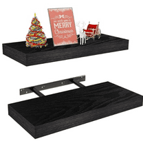 Black Floating Shelves for Wall, Rustic Wood Wall Mounted Shelves with Invisible Brackets for D r & Storage, Floating Shelf for Living Room, Bathroom (Set of 2)