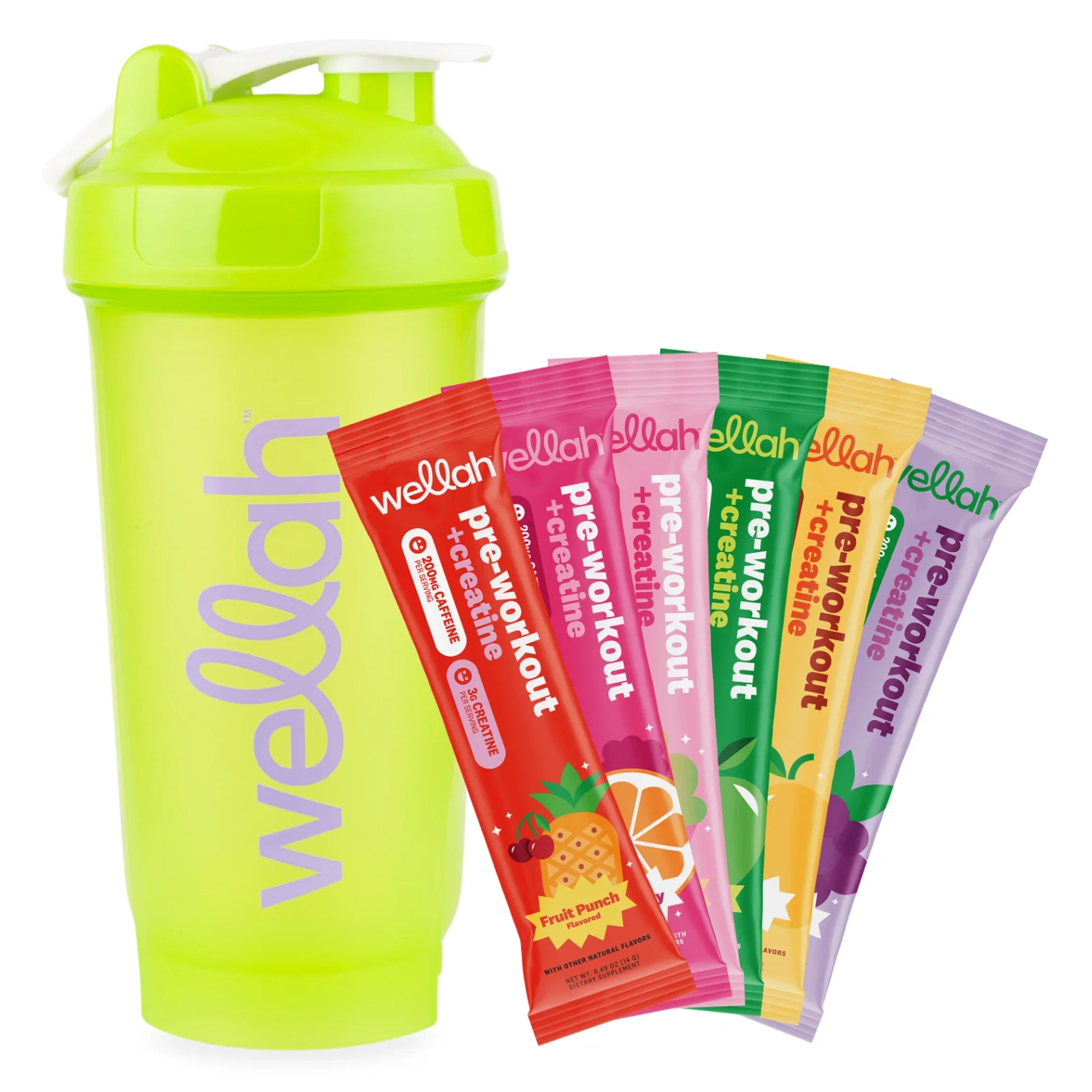 Wellah Pre-Workout + Creatine Variety Pack With Shaker Bottle (6 Flavors)|200mg of Caffeine, 3g of Creatine, 6 To-go Packets