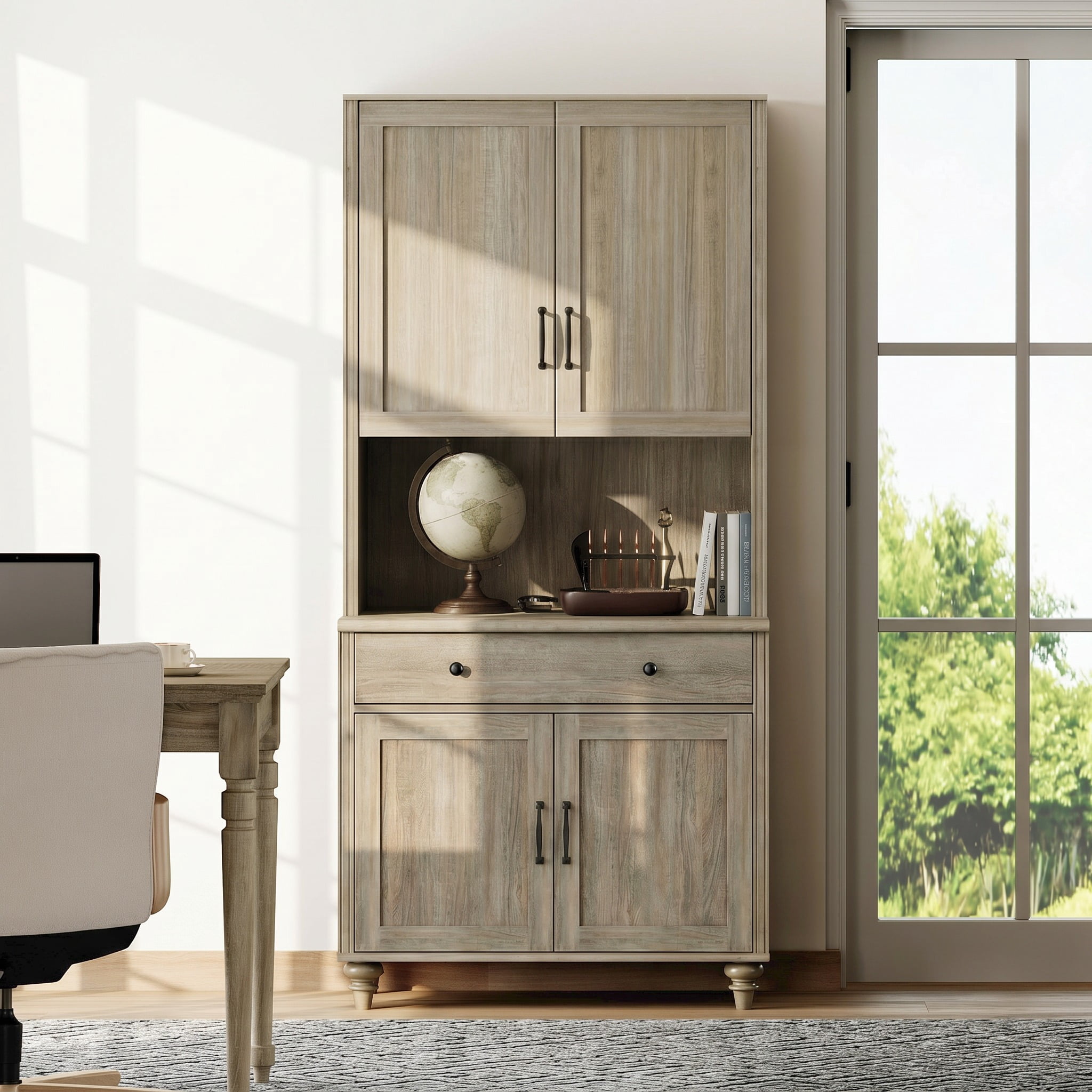 72"H × 34"W Farmhouse Wooden Library Bookcase with Spacious Storage Cabinet, Freestanding Bookshelf for Living Room, Office & Study Room, Wash Gray