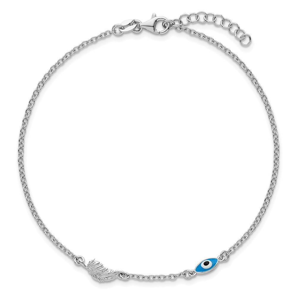 Sterling Silver Rhodium-plated Glass Evil Eye 3-Station 9 inch with 1 inch Extension Anklet