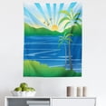 thumbnail image 1 of Ocean Blue Tapestry, Exotic Cartoon Scenery Sunburst Rays Dusk Landscape Seascape Palms, Fabric Wall Hanging Decor for Bedroom Living Room Dorm, 5 Sizes, Cream Green and Apricot, by Ambesonne, 1 of 1