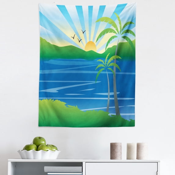 Ocean Blue Tapestry, Exotic Cartoon Scenery Sunburst Rays Dusk Landscape Seascape Palms, Fabric Wall Hanging Decor for Bedroom Living Room Dorm, 5 Sizes, Cream Green and Apricot, by Ambesonne