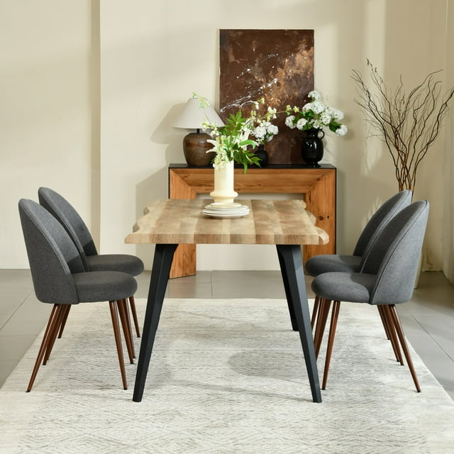 Homy Casa 5-Piece Dining Set, Walnut Wooden Kitchen Table with 4 Upholstered High-Back Grey Fabric Dining Chairs, Contemporary Live Edge Design