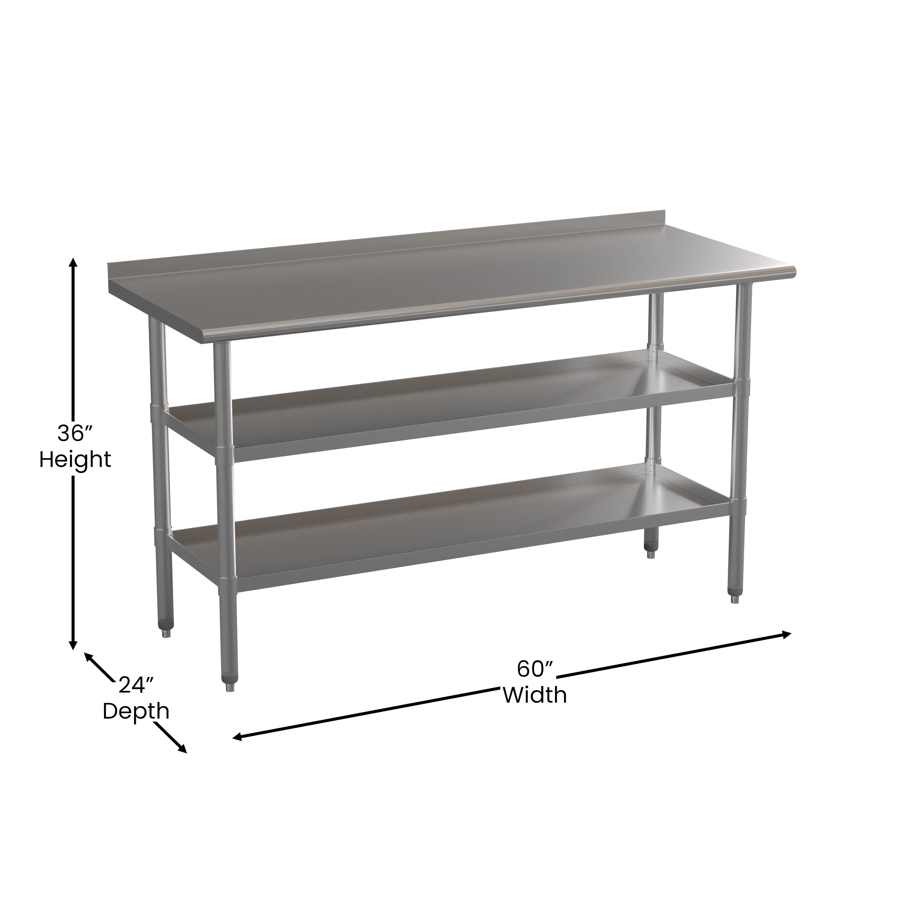 Emma + Oliver NSF Certified Stainless Steel 18 Gauge Work Table with 1.5" Backsplash and Undershelves - 60"W x 24"D x 36"H