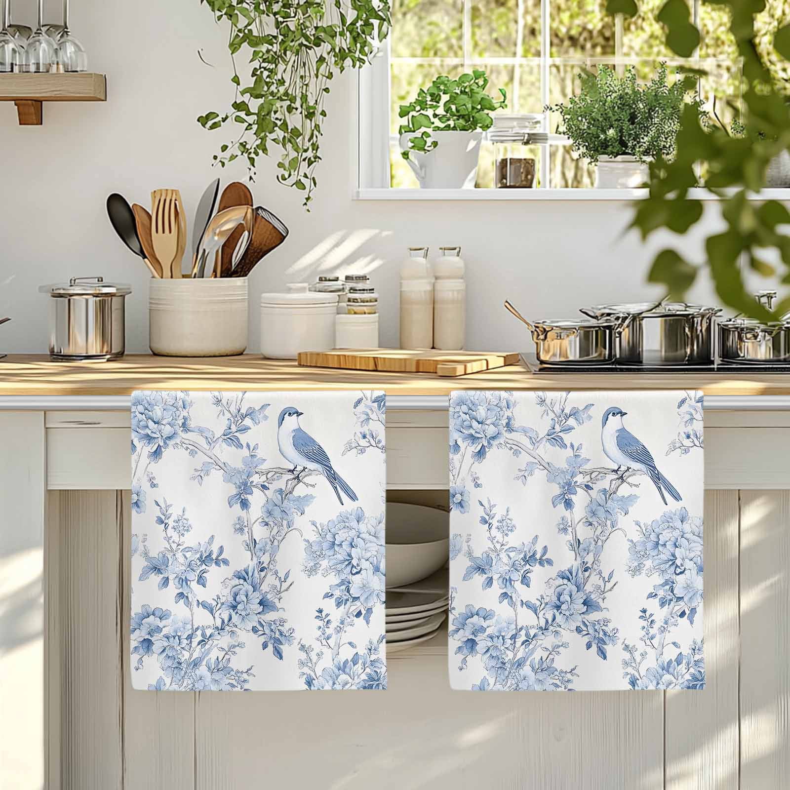 Blue White Flowers Kitchen Towels Set of 2, Spring Summer Floral Botanical Soft Microfiber Dish Towels, Absorbent Quick-Dry Washable Dishcloths for Kitchen Cleaning, Drying Dishes, 18x28 Inches