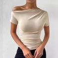 thumbnail image 5 of Oplxuo Off Shoulder Tops for Women Dressy Blouse Casual Short/Long Sleeve Ruched Asymmetrical Business Work Shirts, 5 of 6