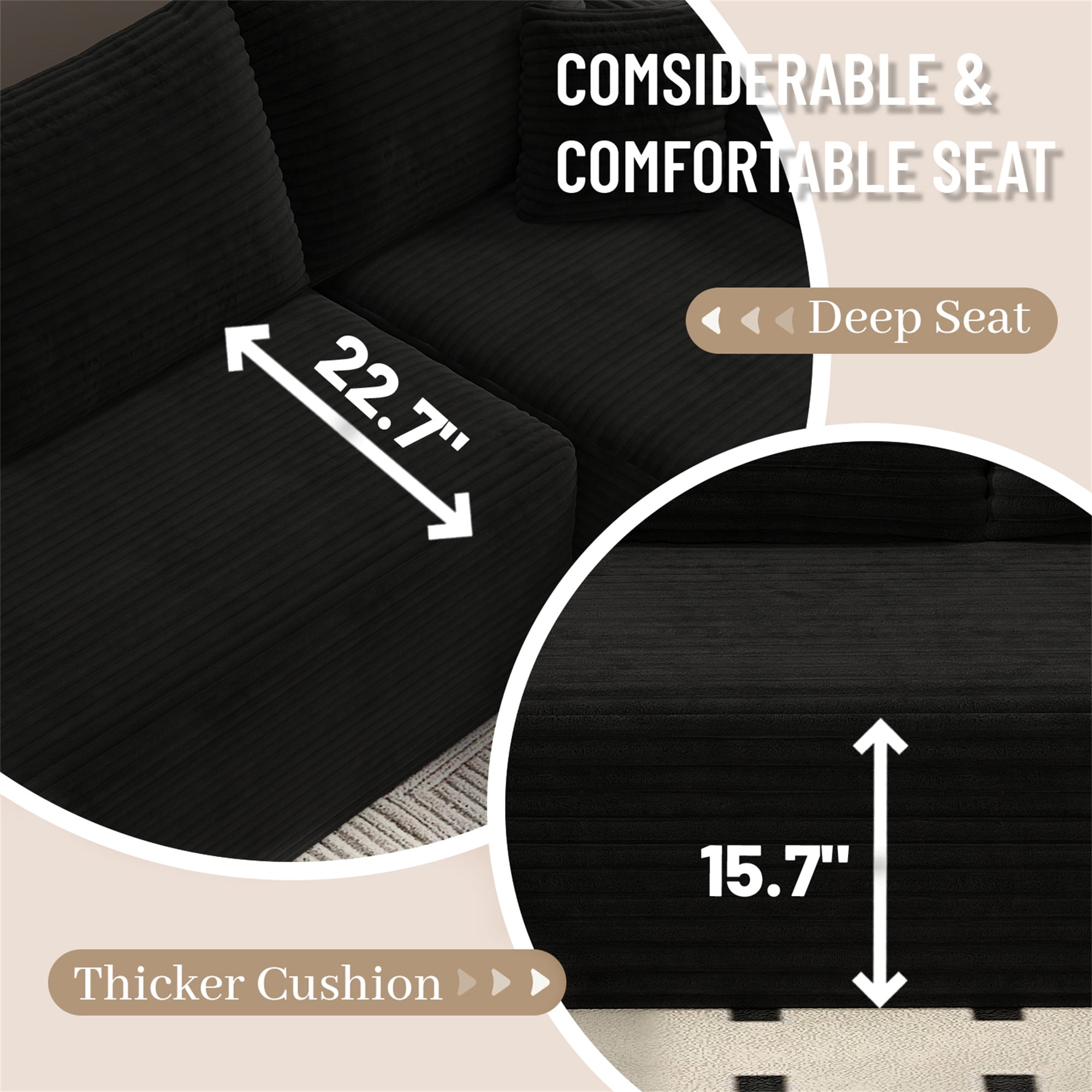 Aukfa 106" Cloud Sectional Sofa Boneless Couch Modular Sofa Bed for Living Room, 2Pillows, Left Chiase, Corduroy, Black