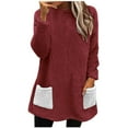 thumbnail image 3 of HVOBTTY Women's Long Sleeved Pullover T Shirts, Fall Tops for Women, Women's Round Neck Color Block Long Sleeve Pocket Thickened Warm Top Wine, S, 3 of 5