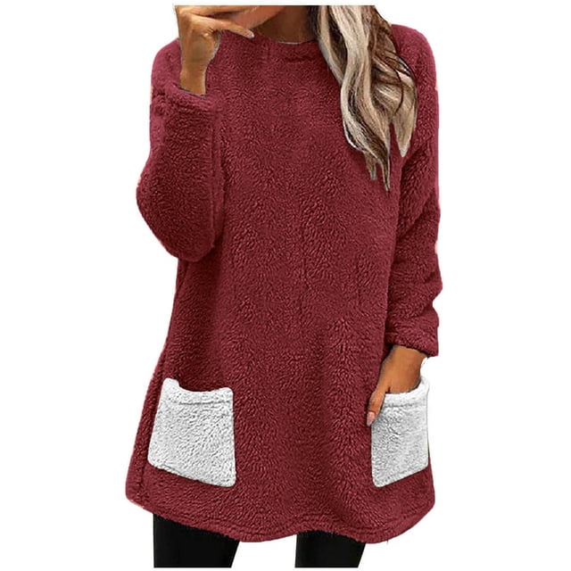 Timegard Hauts pour Femmes Col Ras du Cou Doublés en Molleton Chandails à Enfiler Mi-Longs d'Hiver Chauds Chemises Épaisses Confortables Blouse