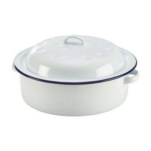 Steelite GW60520 Rôtissoire de 2 5/16 qt avec Couvercle - Vaisselle en Émail, Blanche avec Rebord Bleu