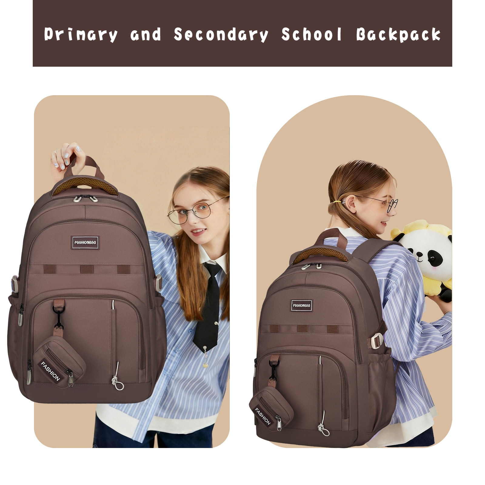 DAKIMOE School Backpack for College High Middle School Fashion Student Bag Cute Aesthetic Teen Bookbag for Teens Women Kids Girls Brown