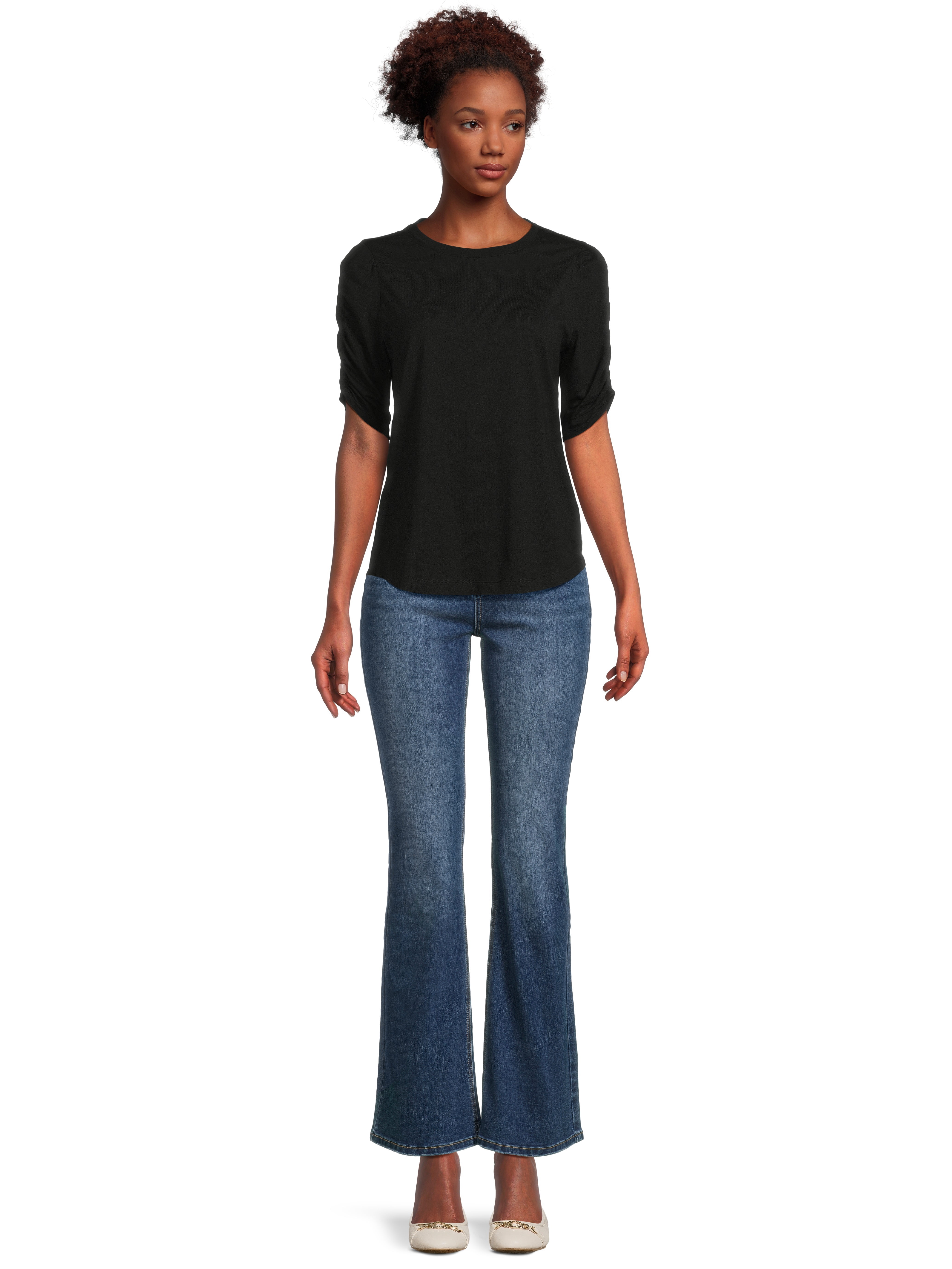 Time and Tru Women's Top with Short Ruched Sleeves, Sizes S-XXXL