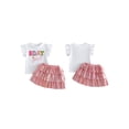 thumbnail image 2 of BemeyourBBs 2Pcs Toddler Baby Girl Birthday Outfit 1 2 3 4 5 6 7 Years Birthday Summer Clothes Flying Short Sleeve Letters Crown Embroidery T Shirt Tops with Laser Layered Ruffle Tutu Skirt Set, 2 of 6