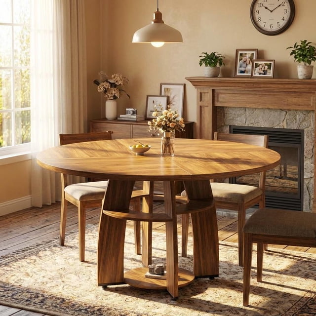 Table de Salle à Manger Moderne Style Ferme – Table Ronde en Bois de 47 Pouces pour 4-6, Tablette de Rangement, Pieds Ajustables, MDF Résistant aux Traces, Assemblage Facile, Cuisine Ou Salle à Manger – Bois de Noyer