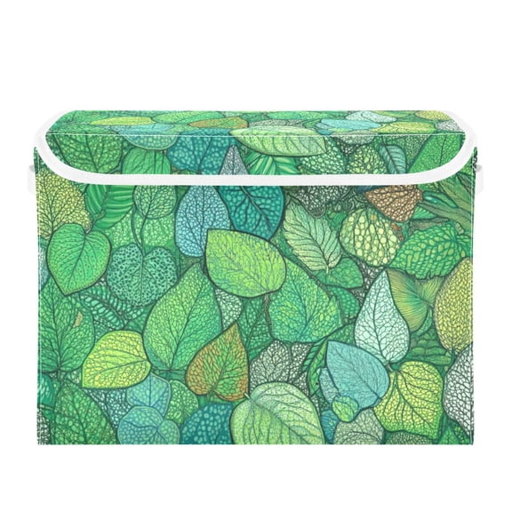 Textured Green Leaves Print Large Storage Bins with Linen Collapsible Lid Storage Box 16.7 x 12.6 x 11.8in