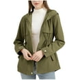 thumbnail image 2 of Casual Hooded Windbreaker Jackets for Women Lightweight Solid Color Zip Up Button Down Coats Long Sleeve with Buttons Elastic Waist Jacket Workout Drawstring Hem Belt Coat, 2 of 5