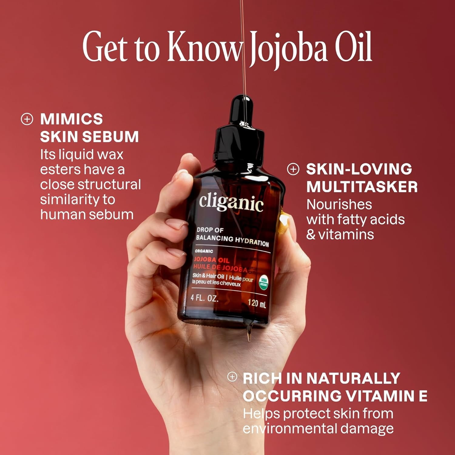 Cliganic Jojoba Oil, Cold-Pressed Organic Body Oil and Moisturizer for Skin Care, USDA Certified, 16 fl oz