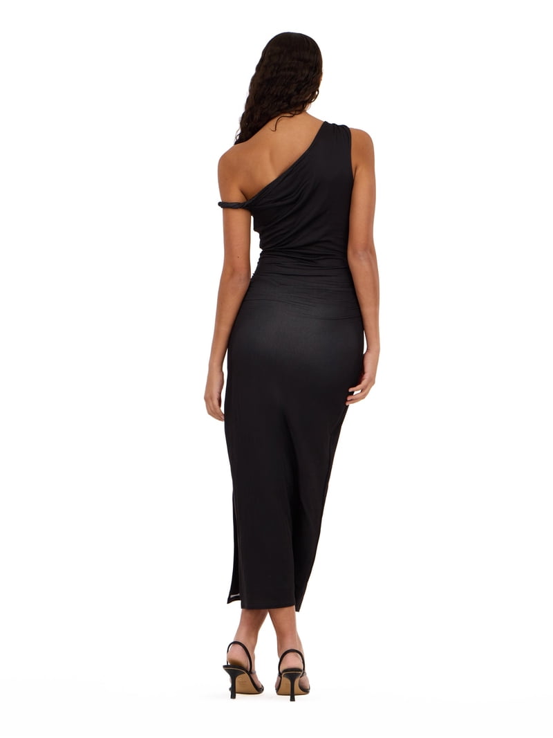forever 21 black maxi dress Women’s with Side Ruching Detail and High Neckline, Sleek Fitted Silhouette with Side Slit for Evening and Special Occasions, Collection_Drape Me Baby