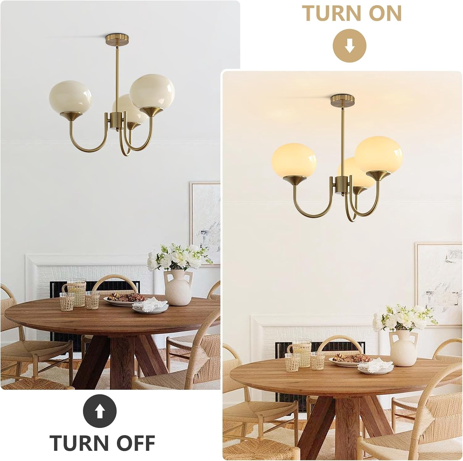 KCO Lighting 3 Light Yellow Glass Chandelier Gold Hanging Light Fixture Mid Century Modern Dining Room Chandelier