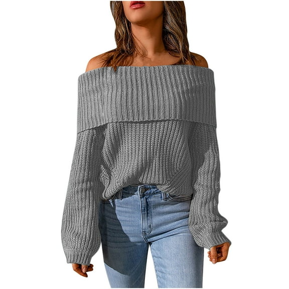 Odeerbi Sweaters For Women Fall Winter Sweaters Off The Shoulder 2024 Casual Soild Long Sleeve Knit Pullover Coat Gray