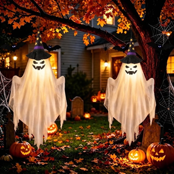 Scidweet Halloween Decorations Outdoor, 2 Pcs Hanging Halloween Lighted Glowing Ghost Witch Hat for Indoor Garden Yard Party Home Decor