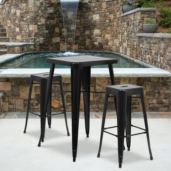 Flash Furniture Commercial Grade 23.75" Square Black Metal Indoor-Outdoor Bar Table Set with 2 Square Seat Backless Stools