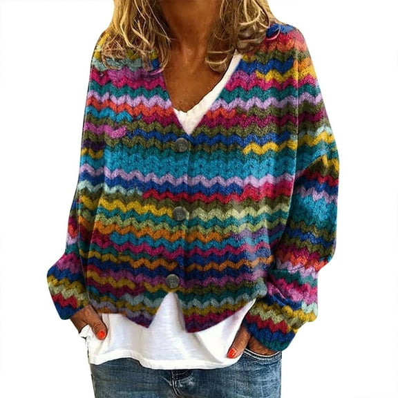 iOPQO Cardigan Sweaters for Women Knit Sweater Button Up Sweaters for Women Striped Sweater Winter Cardigan for Women Knitted Cardigan Womens Cardigan Blue L
