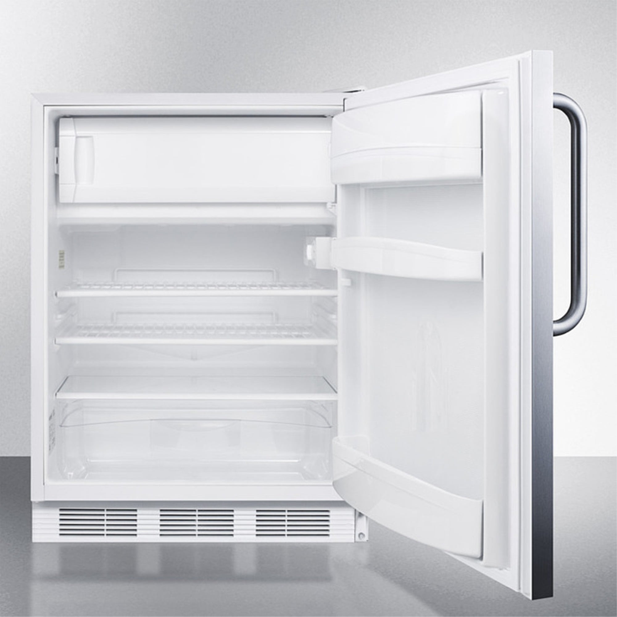 Built-in undercounter ADA compliant refrigerator-freezer for general purpose use, w/dual evaporator cooling, cycle defrost, lock, and SS exterior