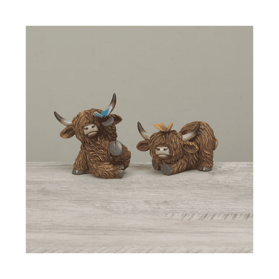Gerson Spring Decor - Flower Butterfly Highland Cow Figurine 2pc