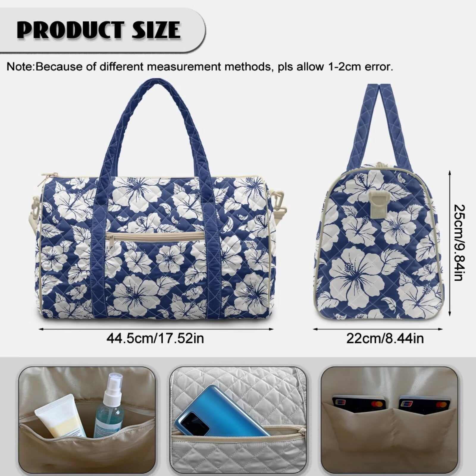 Chririnla Blue Hibiscus Print Modern Gym Bag Soft Duffle for Women with Quilting Design & Multi-Pockets Easily Portable Fitness Luggage Fits Exercise