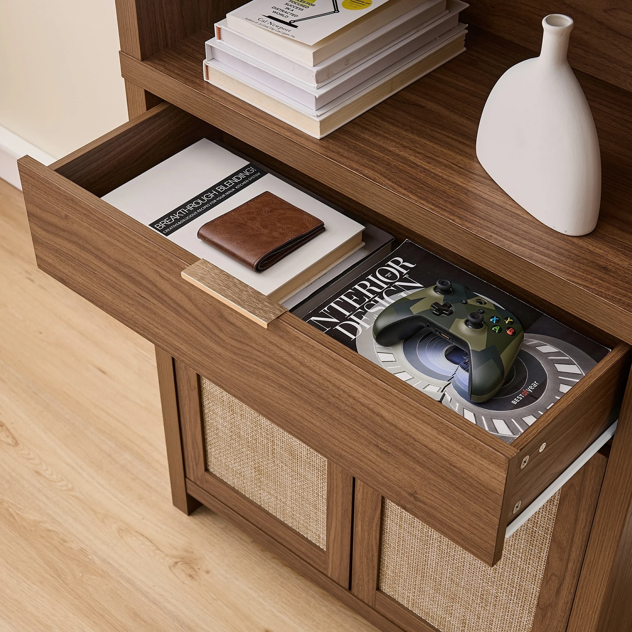 ARKANTOS Rattan Bookcase with Doors, 5 Shelf Adjustable Bookshelf Storage Cabinet, Classic Walnut