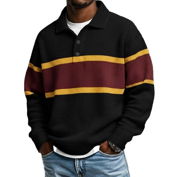 Horkkom Button Down Shirt Men Collared Striped Knit Shirt Breathable Long Sleeve Casual Color Block Shirts L