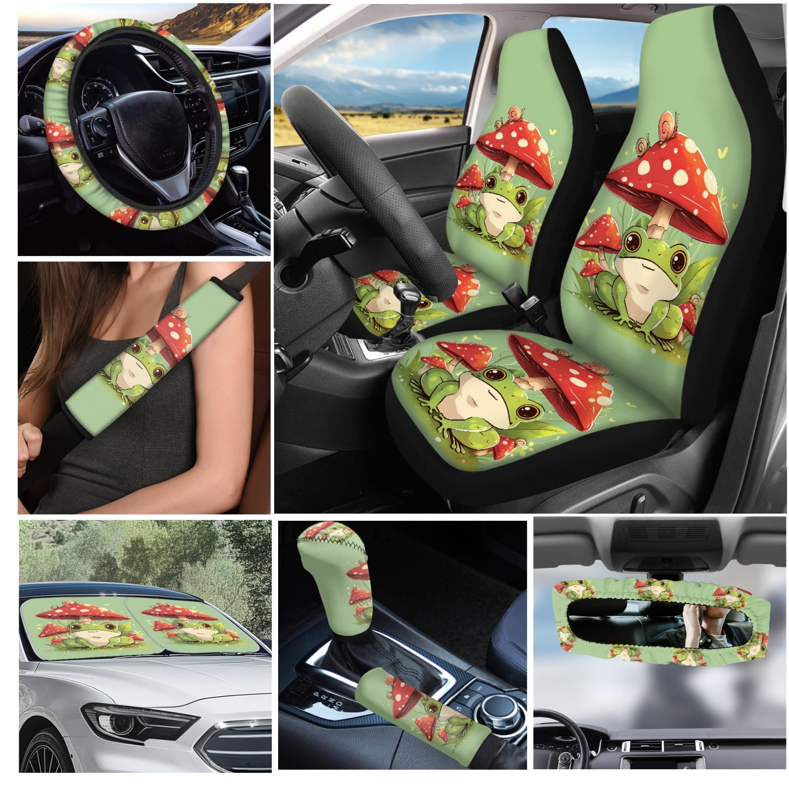 Yuyamidu Cute Frog Auto Seat Cover Set of 16 Mushroom Car Sun Visor Steering Wheel Accessories Seaside Seatbelt Strap Pad Cup Holders Rearview Mirror Cover Keychain Handbrake Gear Shift Knob Cover