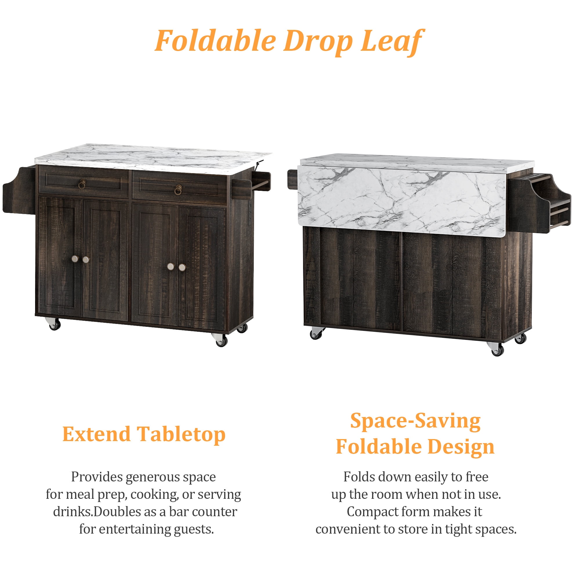 Farmhouse Kitchen Island Cart with Foldbale Tabletop and Power Outlet, Portable Rolling Kitchen Island with Locking Wheels, Spice Rack & Storage Cabinet, Retro Brown