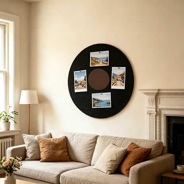Tableau Photo Rond en Tissu de 40 cm pour Disques Vinyles, Tableau de Notes en Polyester d'Inspiration Vintage, Installation Facile, Présentoir Mural Réutilisable, Organisateur Artistique Nostalgique pour Décoration de Maison, Bureau et Chambre à Thème Musical