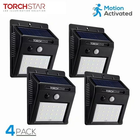 Solar Led Light For Globes TORCHSTAR LED Solar Motion Lights, Wireless Outdoor Wall Lights, Outdoor Security Wall Mount Light for Garden, Patio, Black, Pack of 4 ()