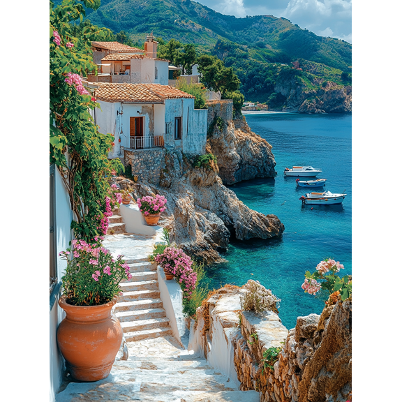 Mediterranean Coastal Village Canvas Print/Wall Art， Perfect for Living Room， Bedroom， Bathroom， Kitchen， and Office Decor