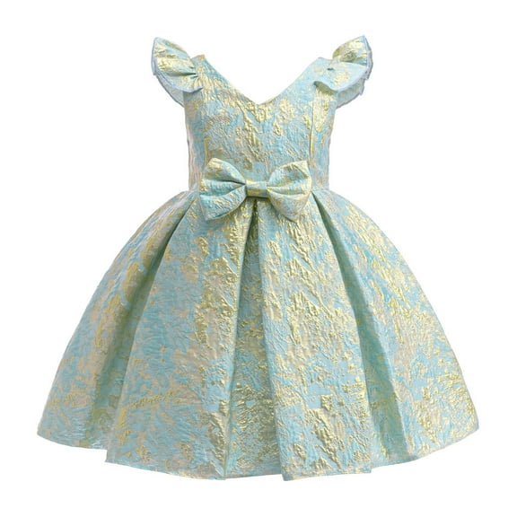 KONDYS Girls Dresses Jacquard Bowknot Fly Sleeve Princess for Wedding Party Pageant Dresses for 14-15Y