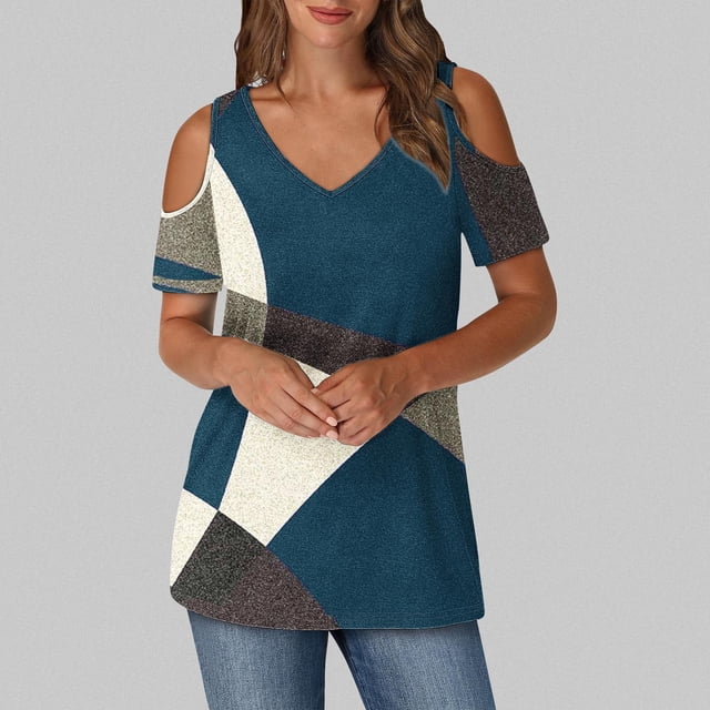 Soki Womens Tops Color Blocked Printed Short Sleeved V-Neck Off Shoulder Fashionable Summer Clothes