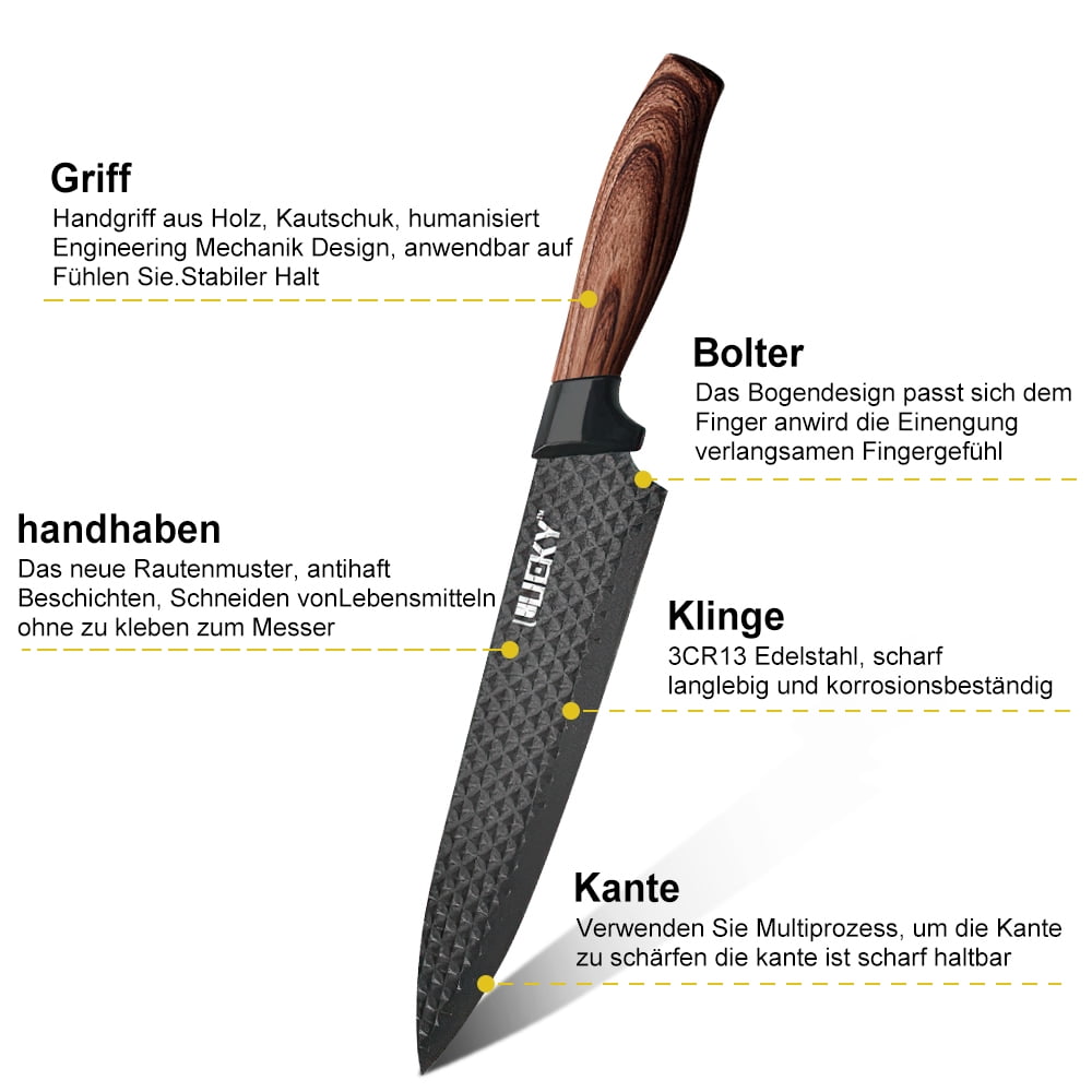 Knife Set,DFITO 6-Piece Black Professional Kitchen Knife Set for Chef, Super Sharp Meat Knives Cooking Knives Sets, Anti-Rust Stainless Steel Kitchen Knives with Cutlery Ergonomic Design Wood Handle