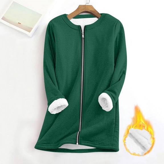 GaThRRgYP Womens Jackets and Coats Clearance Plus Size,Women Fall and Winter Loose Long Sleeved Round Neck Full Zipper Thick Wool Lambhair Warm Top Jacket with Pockets Green S