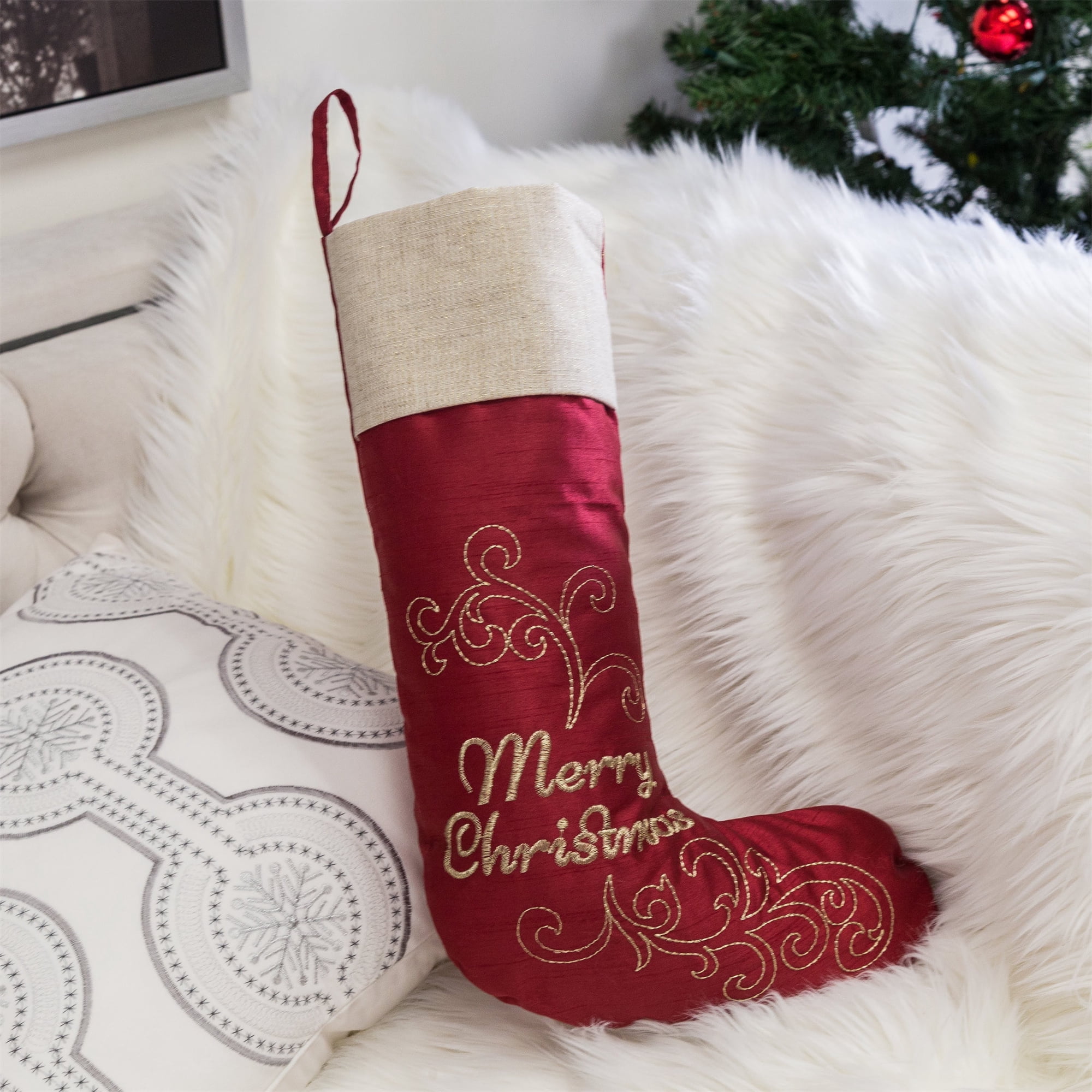 20 in. Red Polyester Merry Christmas Stocking with Stitched Accents
