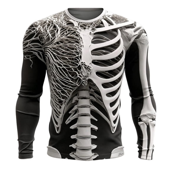 Men Full Skeleton Bone Print Crew Neck Long Sleeve T-Shirt, Loose Fit Gothic Halloween Graphic Casual Streetwear Tee Top(White1,XXXL)