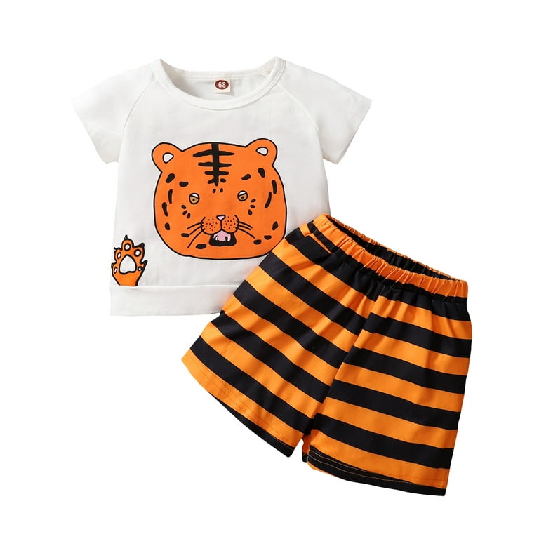 Newborn Baby Girls Outfits Short Sleeve Round Neck Tiger Print T-shirt Top + Stripe Shorts 2Pcs Clothes Set 6-9 Months,White 