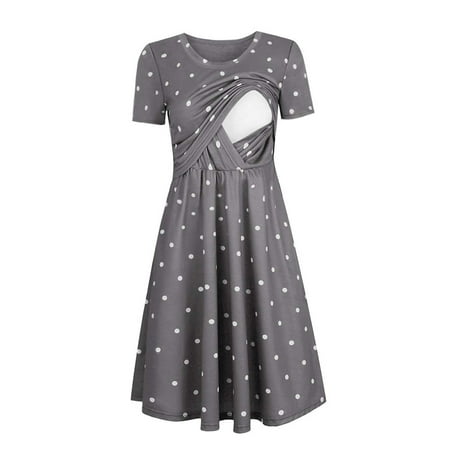 

Egmy Woman Dots Print Short Sleeve Breast-Feeding Pregnant Maternity Nursing Dress