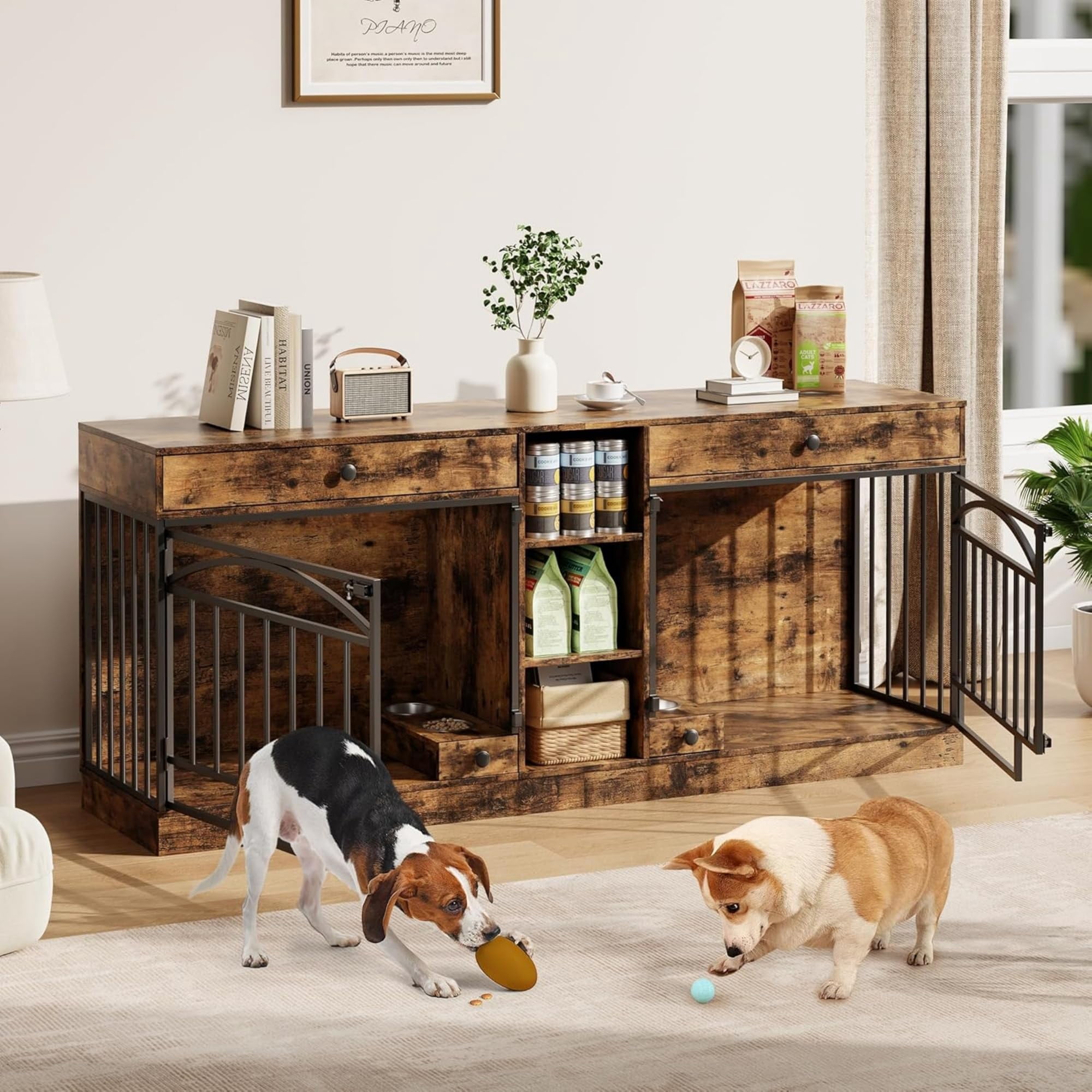 Accreate Dog Crate Furniture for 2 Dog, 78.7'' Large Dog Kennel Indoor with 2 Storage Drawers, 3 Shelves and Feeding Bowls, Double Dog Crate TV Stand for Small and Medium Dogs