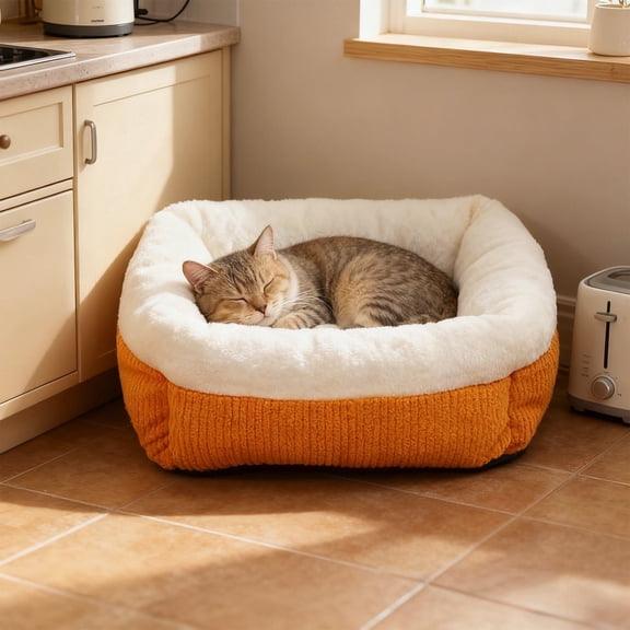 Small Pet Cozy Sleep Nest - Winter Fluffy Plush Pet Bed, Soft Warm Comfortable, Durable Washable Non-Slip Cats Dogs Use, Orange