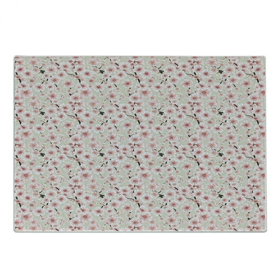 Cherry Blossom Cutting Board, Japanese Flowers Symbolic of Spring in a Random Arrangement, Decorative Tempered Glass Cutting and Serving Board, Small Size, Coral Pale Green Brown, by Ambesonne