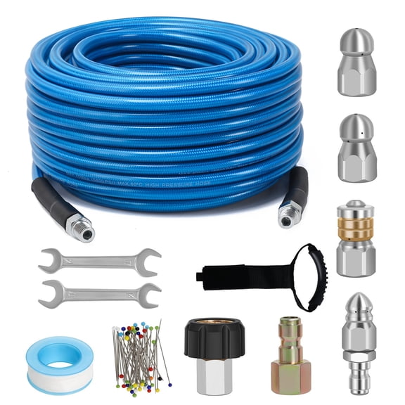 100FT Sewer Jetter Hose Kit for Pressure Washer, 5800 PSI Drain Cleaner Hose with 1/4 Inch NPT Fittings, 4 Sewer Jet Nozzles, Heavy Duty Water Jetting Kit (Blue)